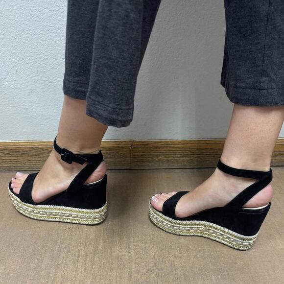 Steve Madden Black Espadrille Wedge Sandals Beaded & Sequins - Picture 5 of 8